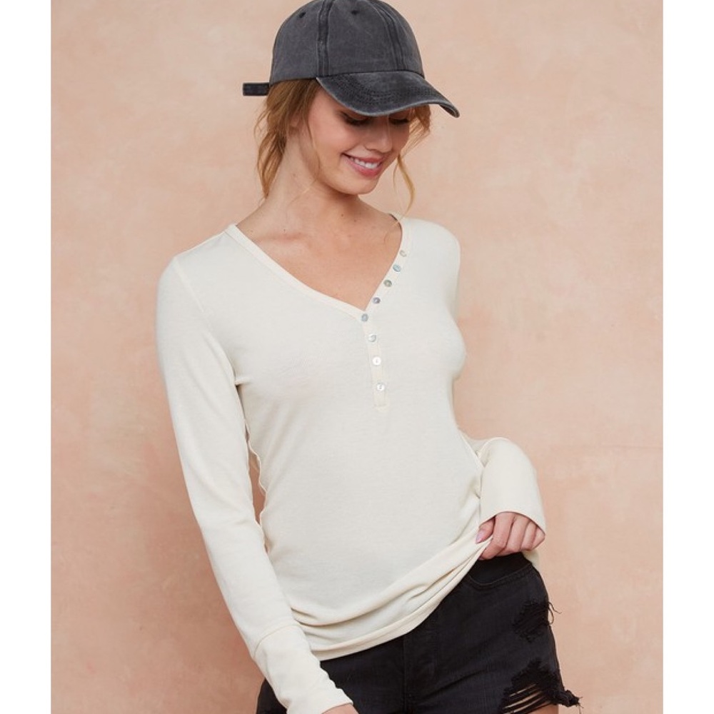 Fall Soft Rib Knit Top Classy Henley V-Neck Top Ivory Tops